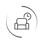 Minimalist outline icon of a comfortable armchair and clock within a circular frame.