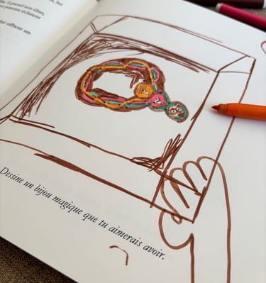 Dessin d’enfant inspiré du livre Kaïa et les animaux de la forêt enchantée – création artistique enf