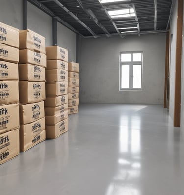 Workers applying epoxy coating on a concrete surface in the manufacturing plant.