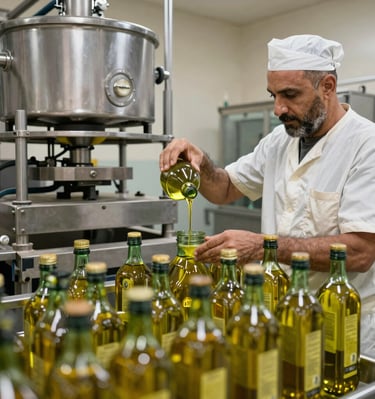 Bottles of زيت كروتينا lined up neatly on a modern production line