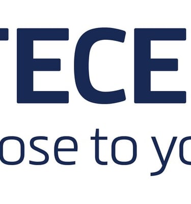 TECE logo with the slogan close to you in blue text on a white background for sanitary technology products.