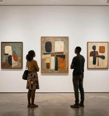 Wide shot of a bustling exhibition space showcasing diverse artworks from multiple African creators.