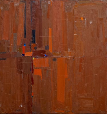 Close-up of a textured mixed-media painting blending traditional motifs with modern abstraction.