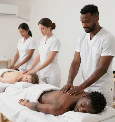 A softly lit massage room with a neatly arranged table and calming decor.