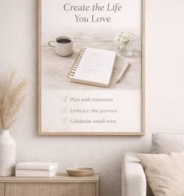 a coffee table with a notebook and a cup of coffee