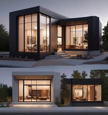 Evening exterior of a residential building showcasing warm lighting and textured facade materials.