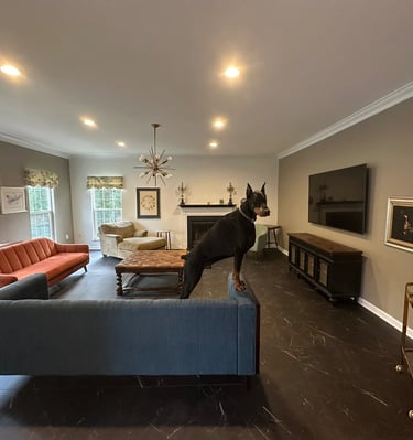 a dog is standing in a living room