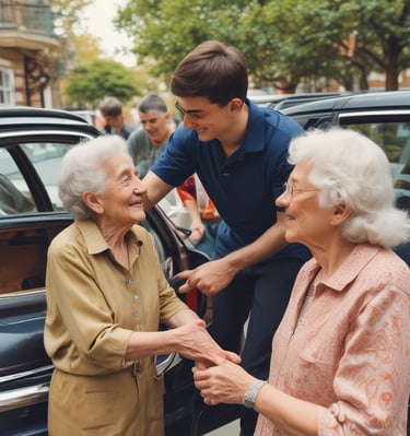 A compassionate team member assisting an elderly woman with her medical transportation.