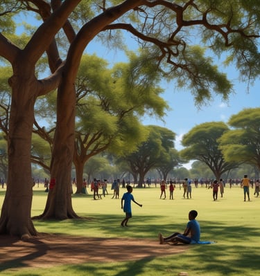 Children playing together under a bright blue sky in the Orphanaid Kenya garden.