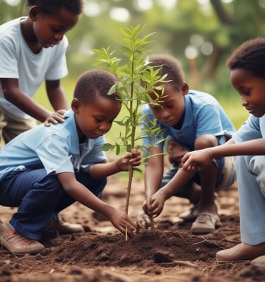Boys and girls planting trees in the yard, nurturing growth and hope.