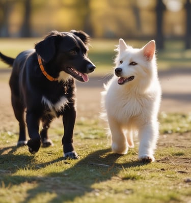 A collection of colorful, nature-inspired post-surgical collars displayed on a wooden table.
