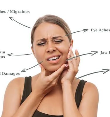 A woman experiencing TMJ symptoms including jaw pain, migraines, and ear pain