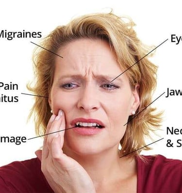 TMJ symptoms like jaw pain, headaches, and tinnitus on a woman's face.