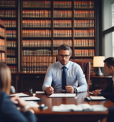 Modern office space with elegant blue and gold accents.