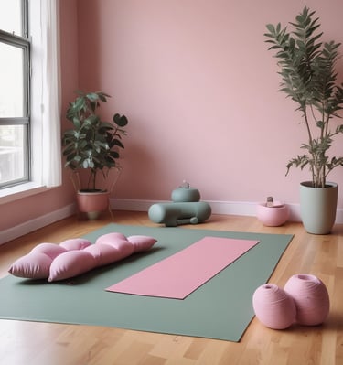 A woman in soft pink workout clothes stretching outdoors with a gentle sunrise in the background.