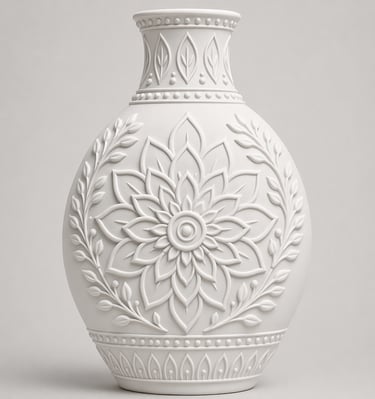 Elegant white ceramic vase featuring an intricate embossed floral pattern and leaf motifs on a matte finish.