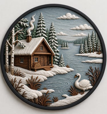 Wood carved winter landscape wall art featuring a snowy log cabin, pine trees, and a white swan by a frozen lake.