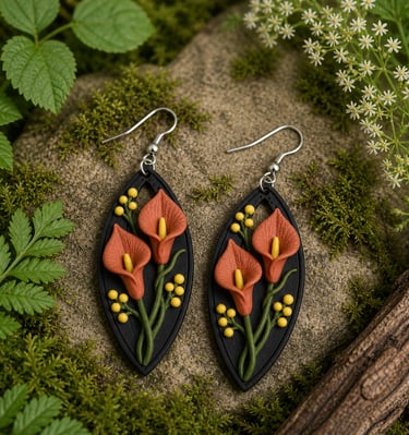 3d printed calla lily earrings on a black oval base, displayed on mossy forest stone.