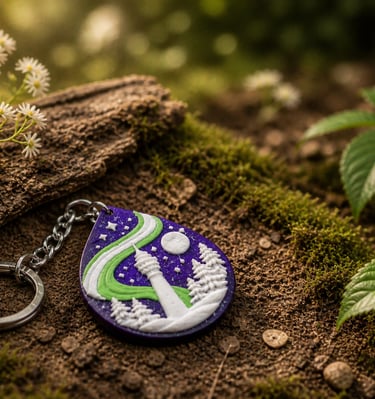 Custom northern lights keychain with a white tower and pine trees on a mossy forest floor.