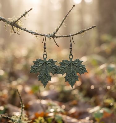 maple leaf earrings in a textured forest green, golden finish