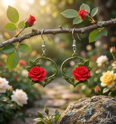 Nature’s Embrace Rose Drops - Flower wreath Earrings.  lightweight, red rose.