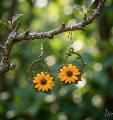 Daisy Heart Drops -  Nature themed Earrings. floral dangles featuring a blooming daisy