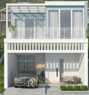 Desain bangunan modern dua lantai berwarna biru muda dan putih