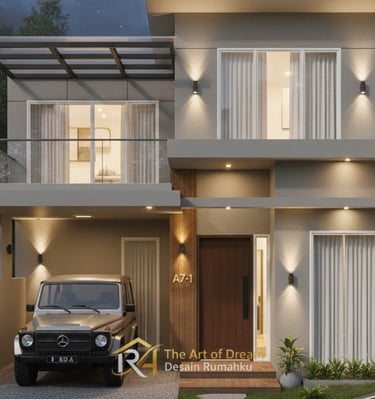 Desain rumah modern dua lantai berwarna abu-abu dengan carport dan balkon