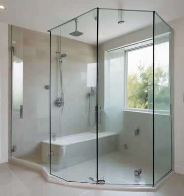 Crystal-clear glass shower enclosure gleaming under soft bathroom lighting.