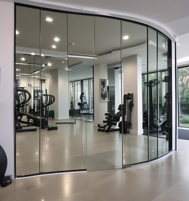 Polished glass cabinet doors revealing neatly arranged fine china inside a high-end residence.