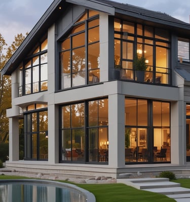 Close-up of a sparkling clean window reflecting a manicured garden in a luxury home.