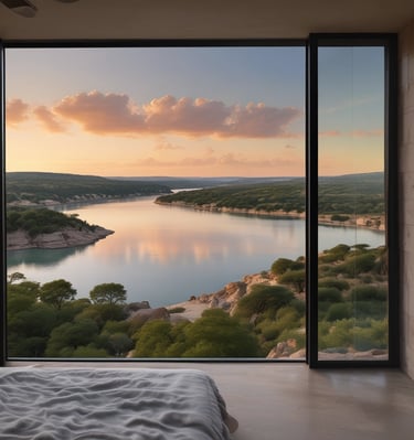 A bright living room with large windows featuring sleek, modern heat control window film that reduces glare.