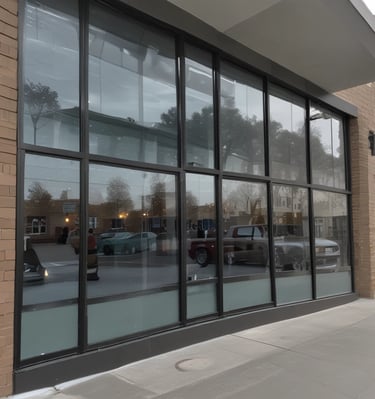 Office windows with decorative privacy film displaying a subtle geometric pattern, softly diffusing sunlight.