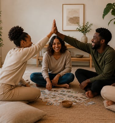 A group of diverse friends laughing and playing a board game on the floor in a cozy, modern living room.