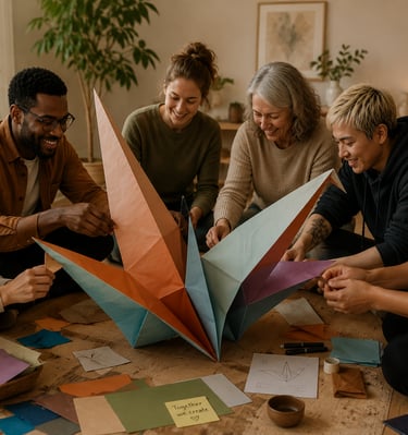 A diverse group of people smiling while collaborating on a large, colorful origami paper sculpture.