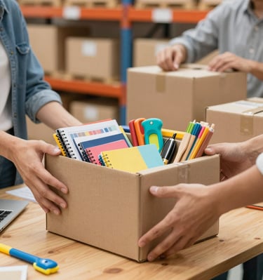 A cardboard box filled with colorful school supplies and notebooks is being packed in a warehouse.
