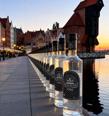 A row of The House Pour vodka bottles along the Gdansk riverside at sunset near the Crane.