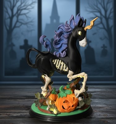 a spooky black and white statue of a unicorn with lighting