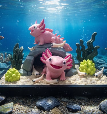 cute axolotls in cave with plants and shrimps 