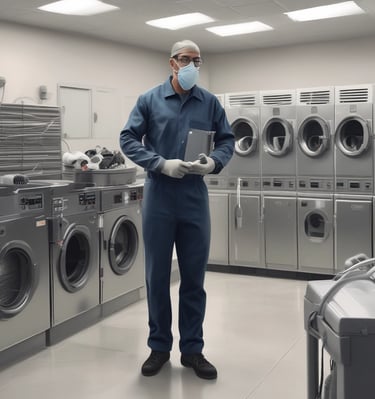 A technician inspecting a commercial building’s ventilation system on a rainy day.