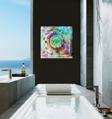 Modern luxury bathroom with ocean view featuring colorful contemporary mandalaabstract wall art