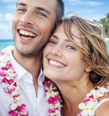 a man and woman standing in front of a beach