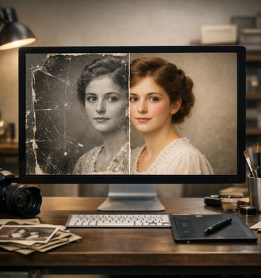 Professional old photo restoration showing a side-by-side comparison of a damaged portrait and repaired digital image.
