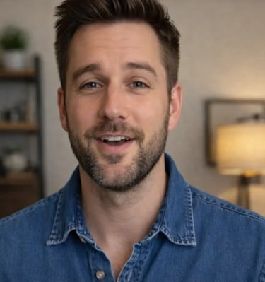 Smiling man with a beard wearing a denim shirt in a home office setting for a video call.
