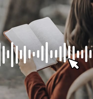 Woman reading a printed book with a digital audio wave overlay representing an audiobook or text-to-speech.