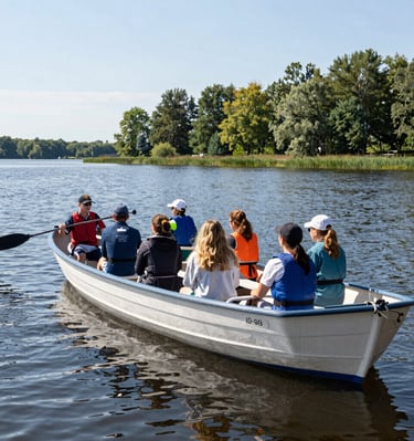 Electric boat gliding quietly on Kupiškio Marios lake surrounded by lush greenery.