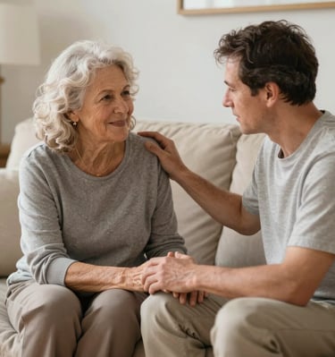 A peaceful moment of companionship as a caregiver reads aloud to an elderly woman in a comfortable armchair