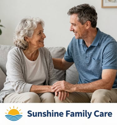 A happy multigenerational family embracing their elderly loved one in a bright, airy home setting