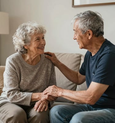 A caregiver assisting an elderly man with mobility exercises in a spacious, softly decorated room