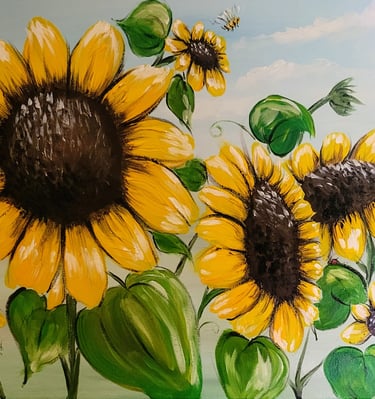 large sunflowers with acrylic and little bumblebee